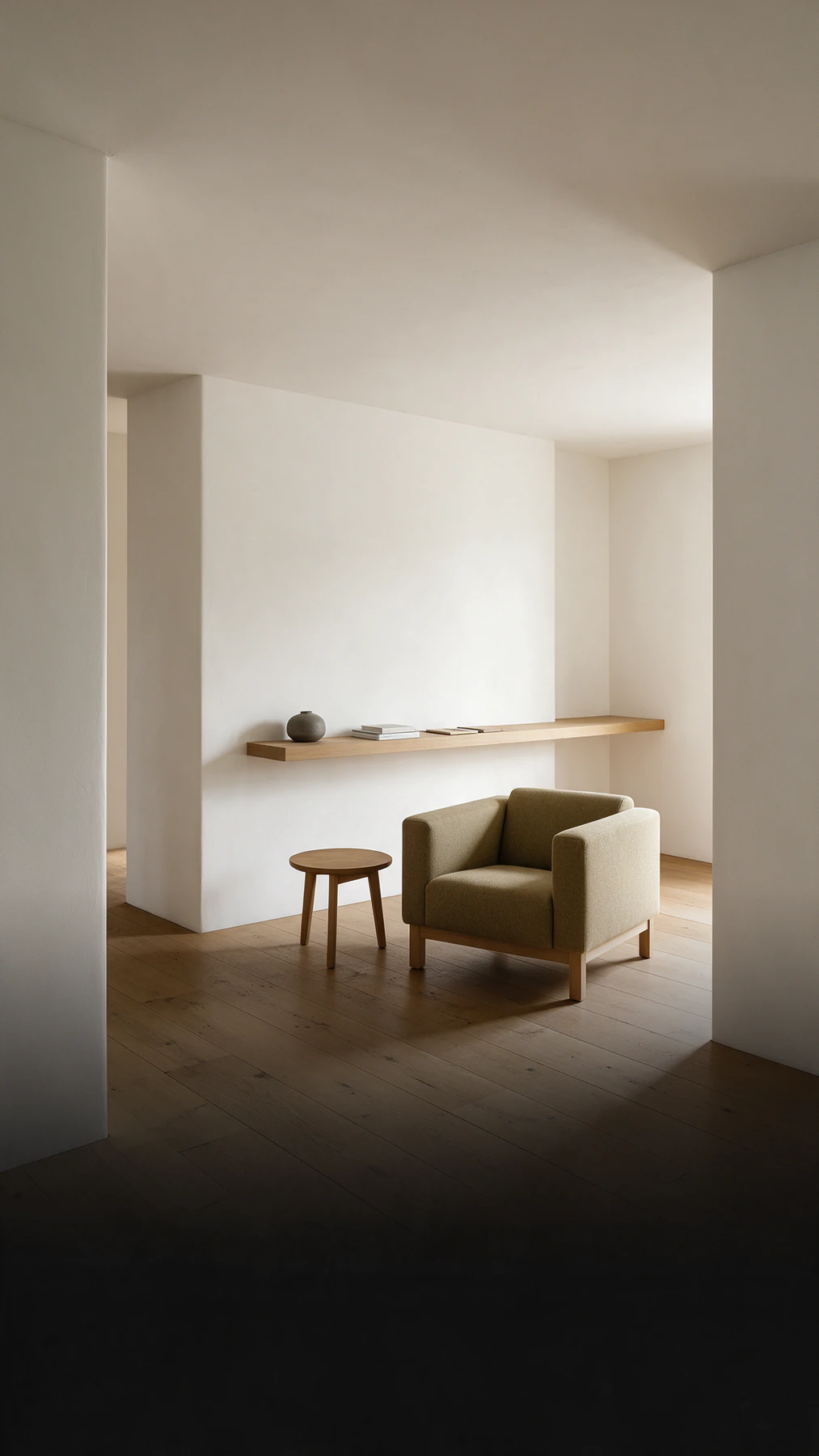 Heller, fertig renovierter Raum mit Sessel, Wandnische und Holzboden