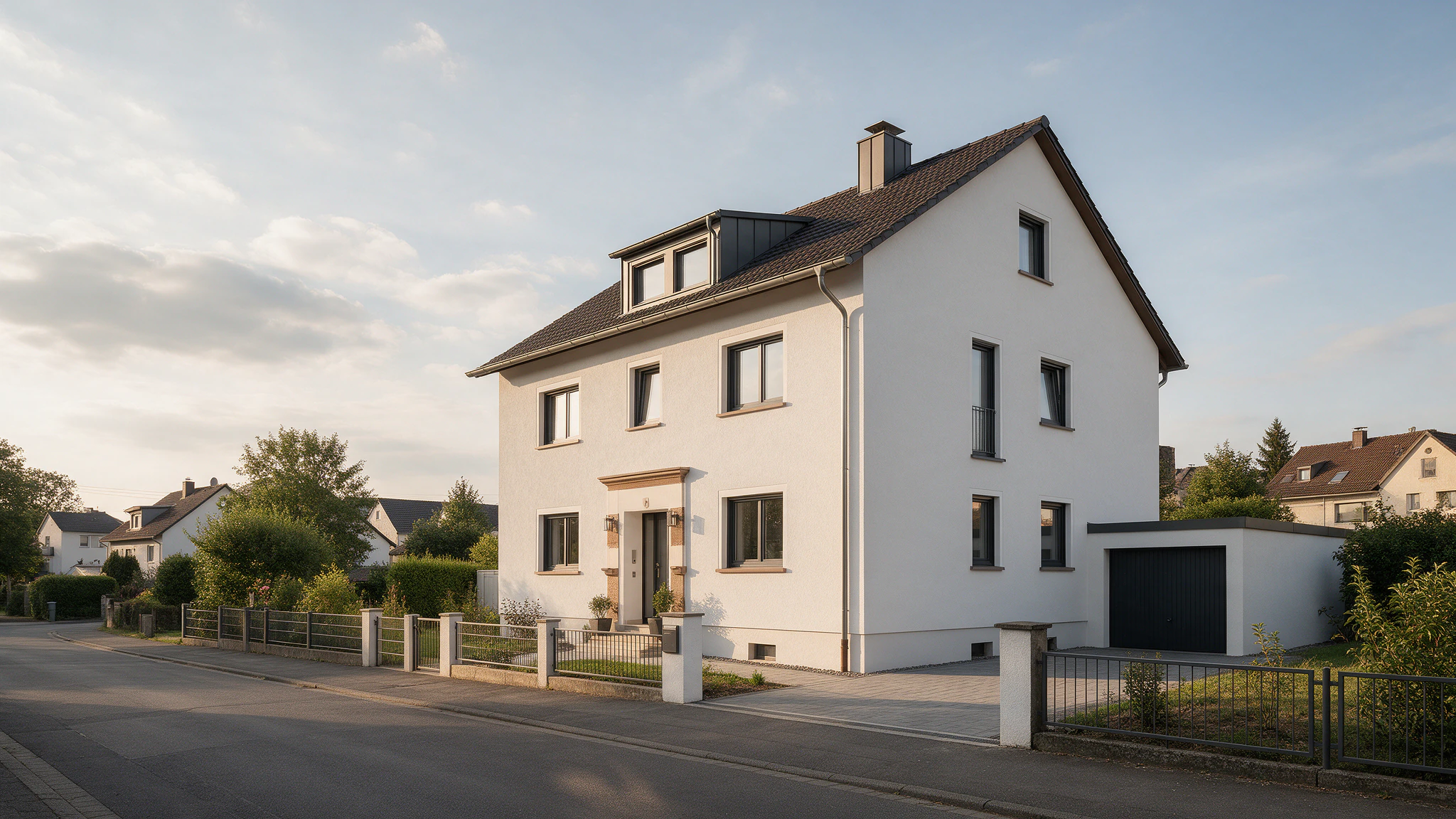Frisch saniertes Wohnhaus mit heller Fassade und dunklem Dach in einer ruhigen Wohnstraße