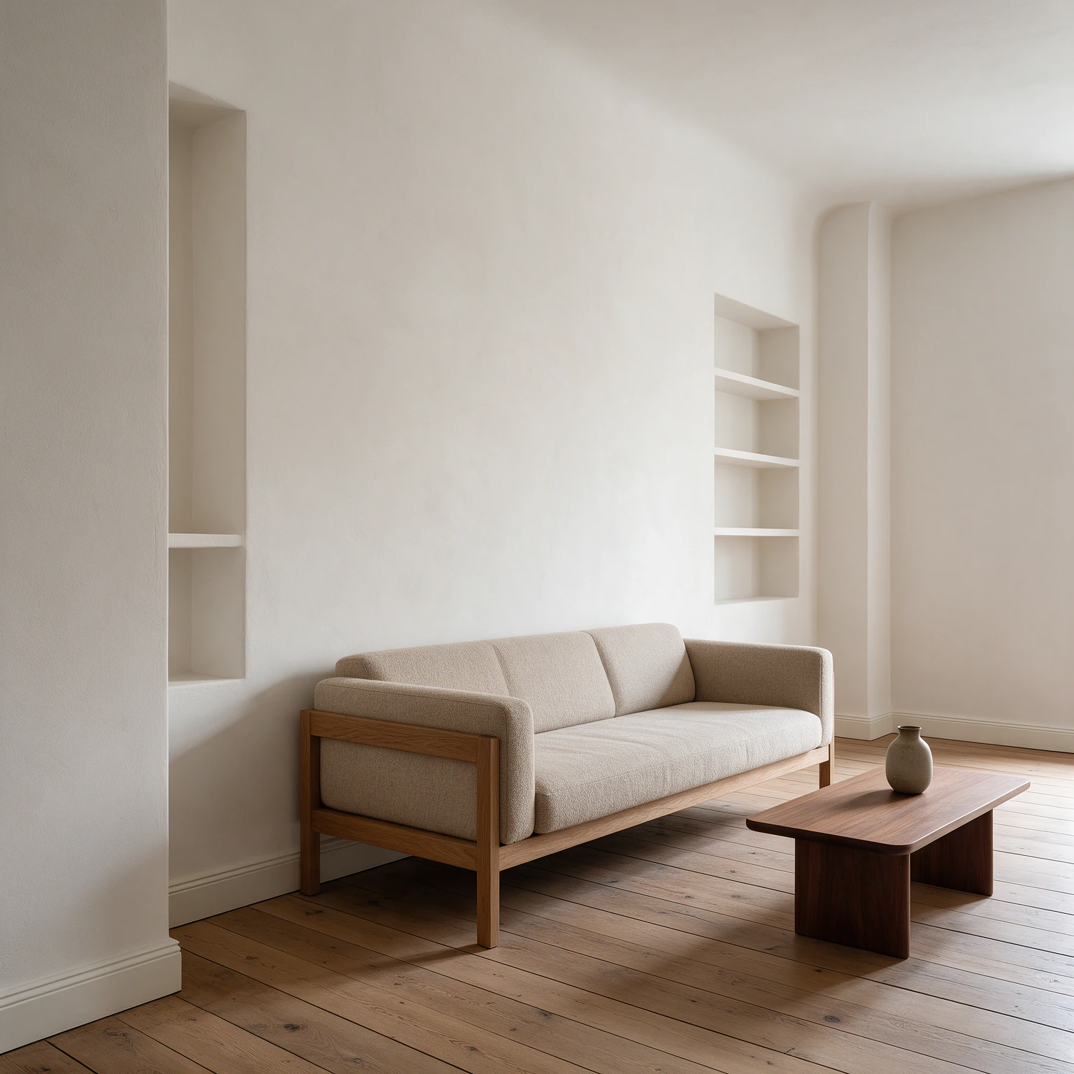 Beispielbild: heller Wohnraum mit Sofa, Wandnischen und Eichenboden