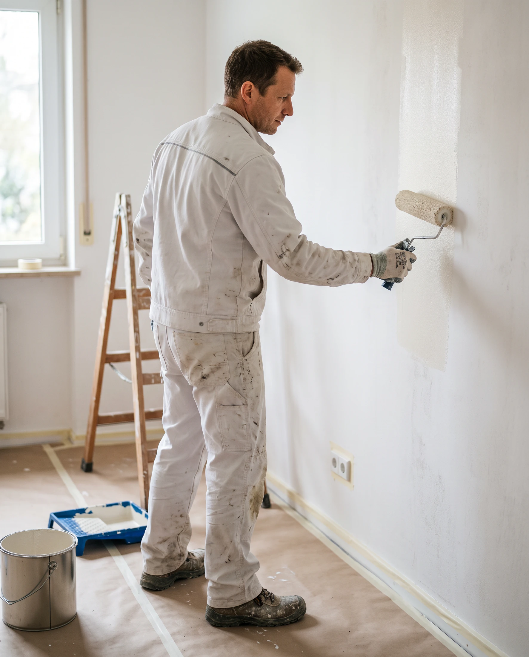 Maler streicht eine Innenwand mit der Farbrolle